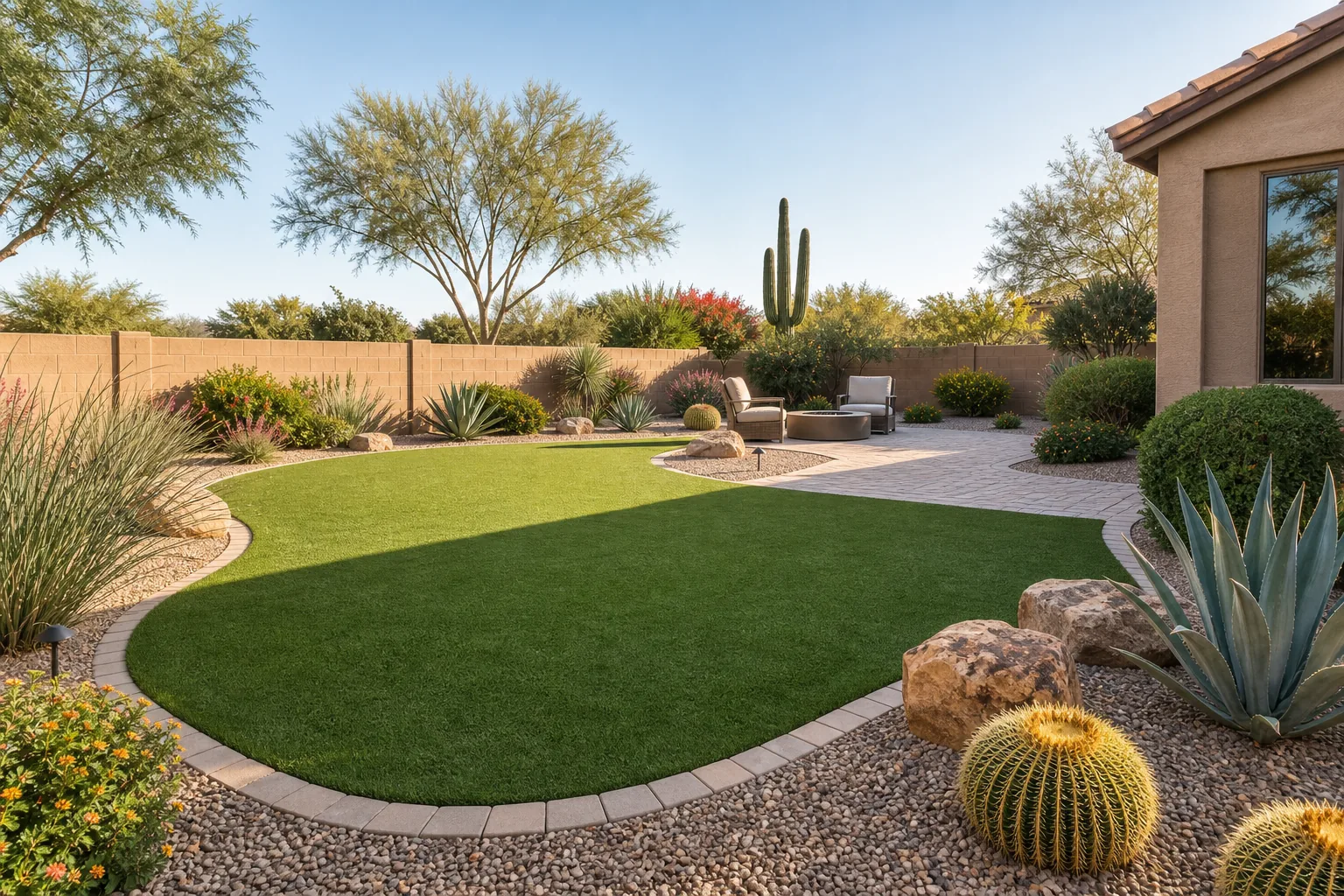 Artificial turf yard with curved border and Mesa desert planting