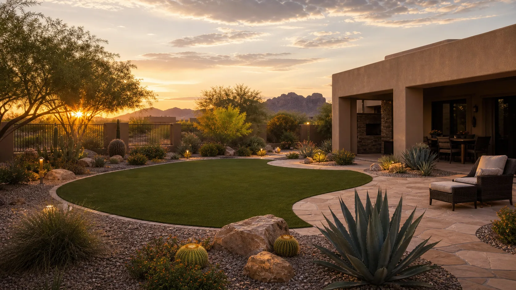 Landscaped Mesa backyard at sunset with turf, pavers, desert plants, and mountain views