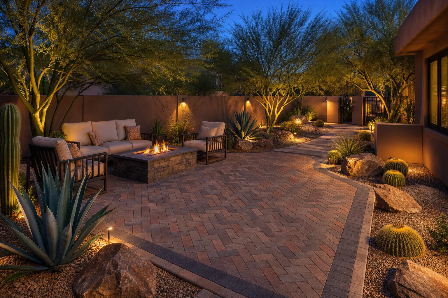 Herringbone paver patio with fire feature and desert landscape lighting