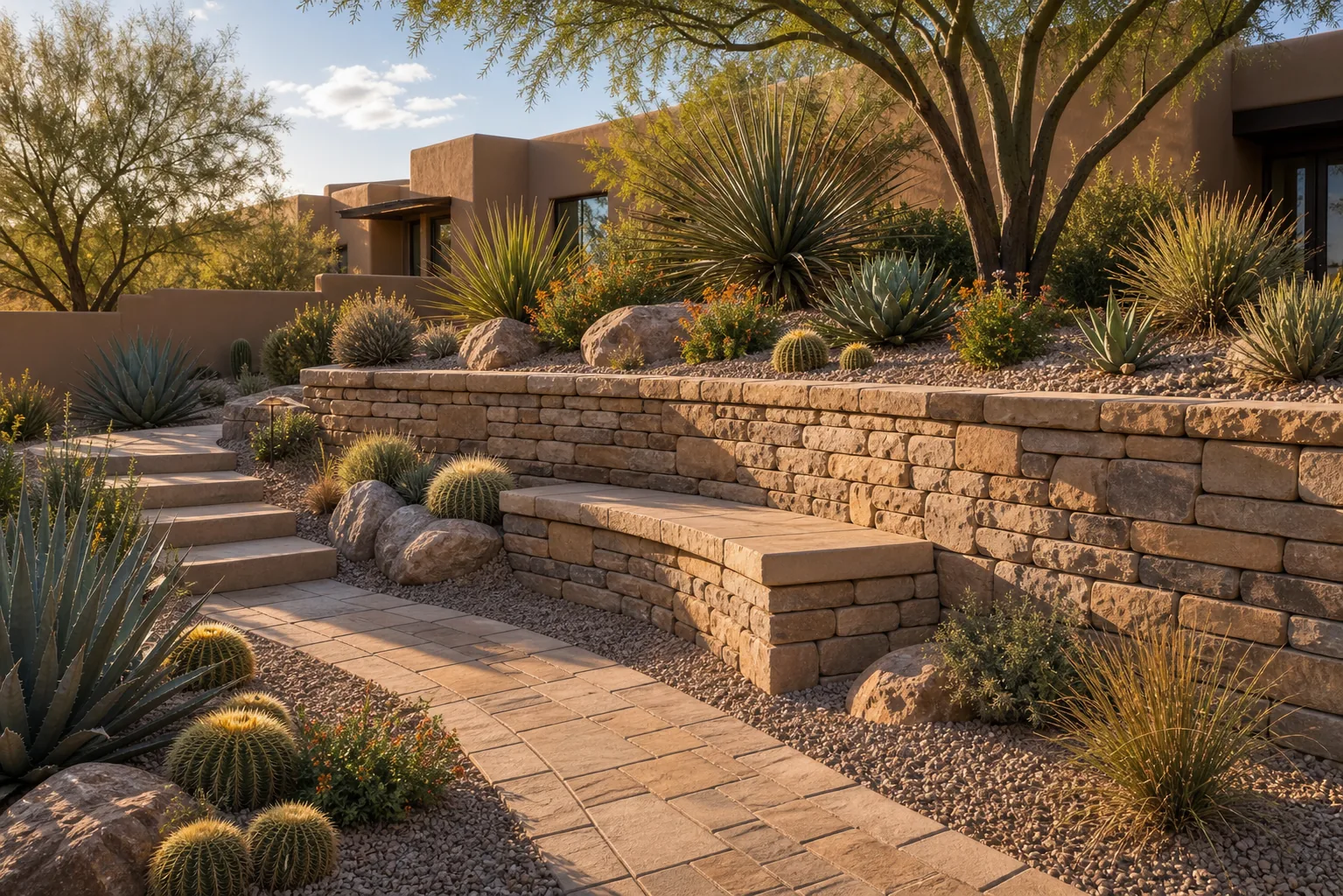 Low stacked-stone retaining wall with integrated seat and desert planting