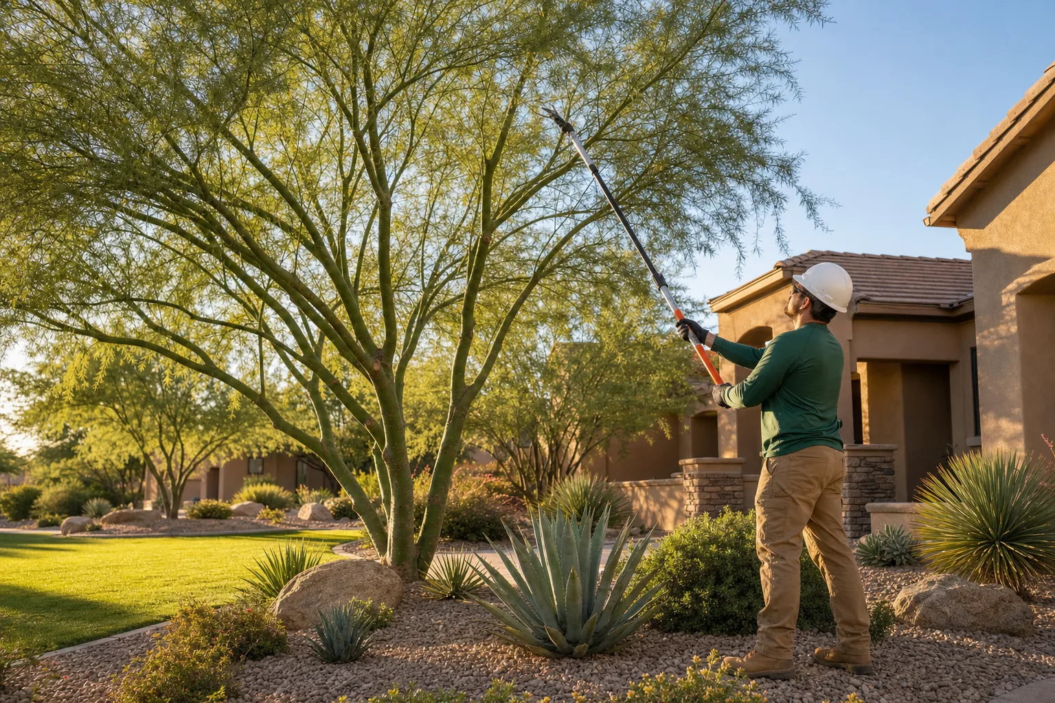 Tree-care professional pruning a palo verde at a Mesa home