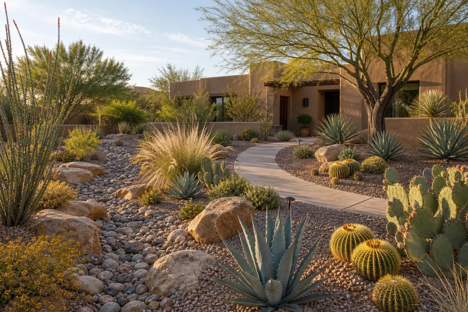Mesa xeriscape with agave, cactus, palo verde, dry creek, and curved walk